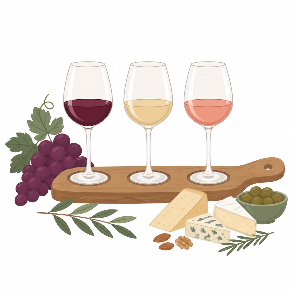A minimalist flat illustration of a wine tasting flight with three glasses of wine, cheese, and grapes, representing the Connoisseur experience.