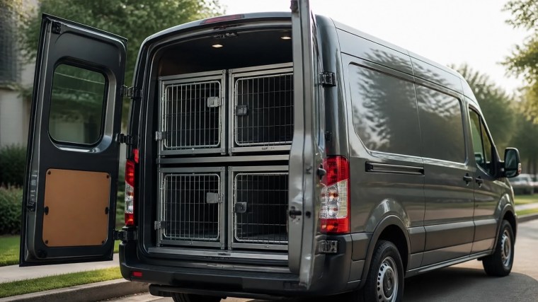 A professional pet transport van with secure dog crates visible inside, clean and ready for business