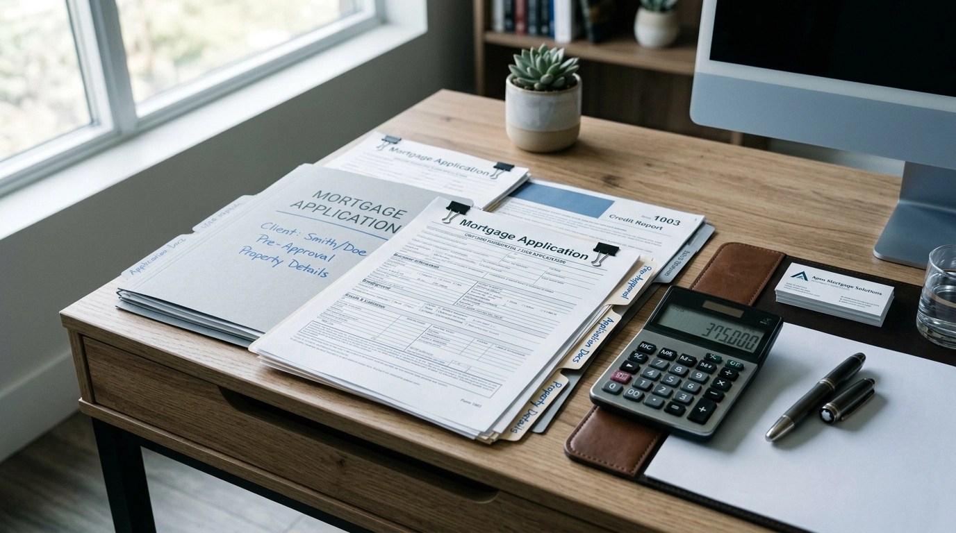 Mortgage application documents arranged neatly to represent first-time buyer loan program options