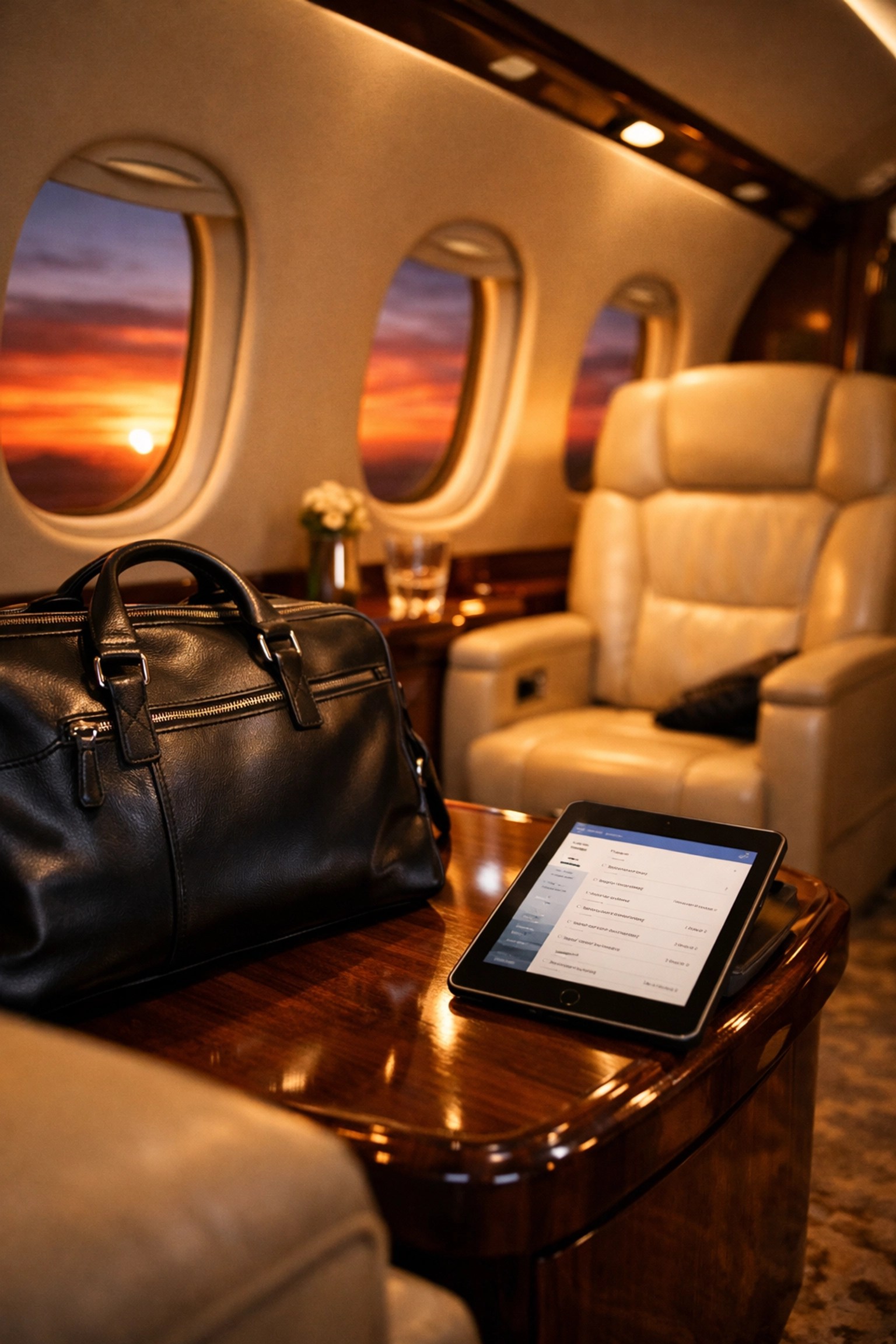 Luxury private jet interior for professional athlete travel with premium seating and sunset views