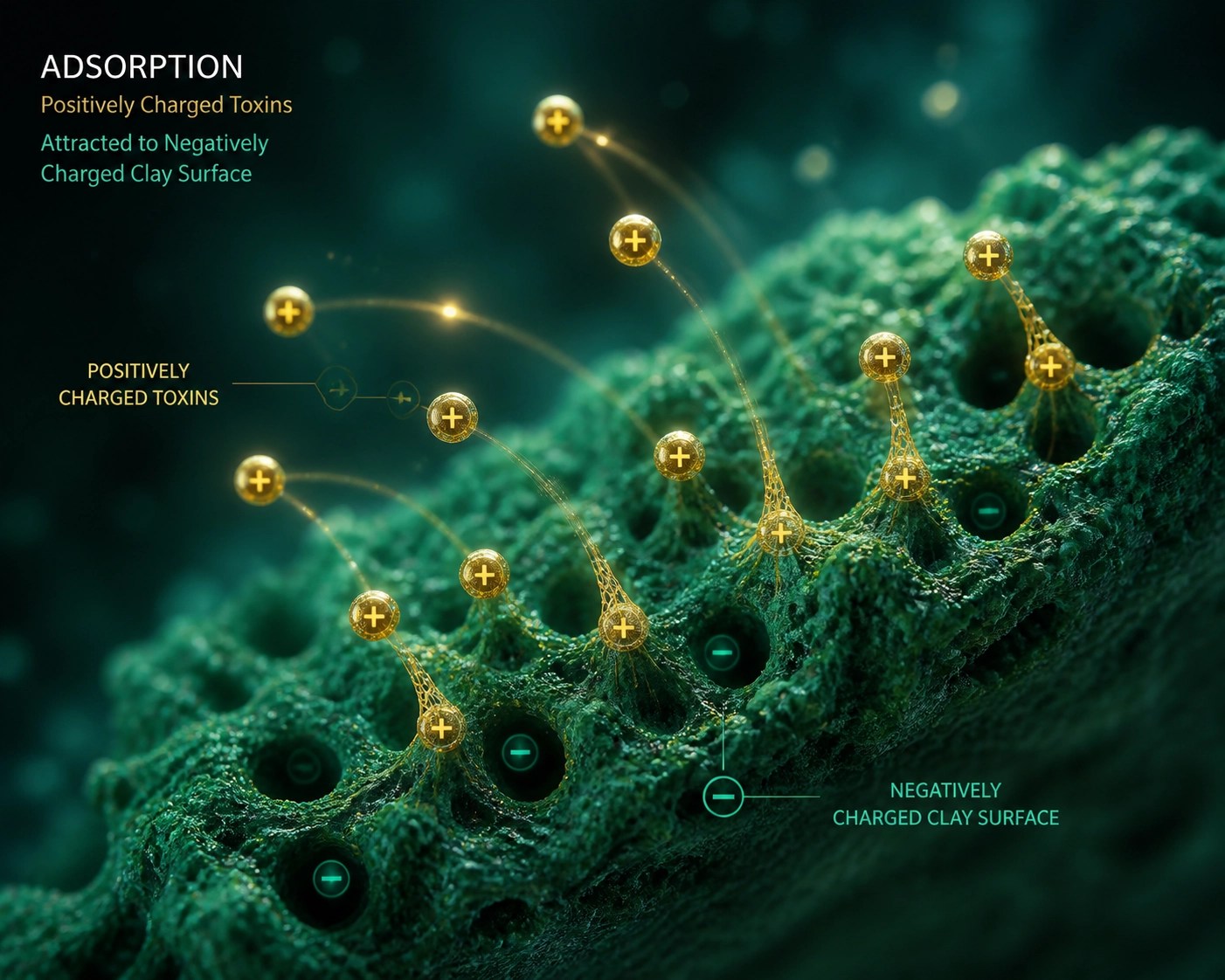 Scientific illustration showing French Green Clay particles pulling and binding toxins via adsorption.