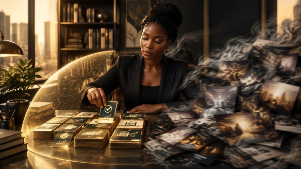 A Black woman separating verified records from glossy promotional papers behind a transparent protective shield