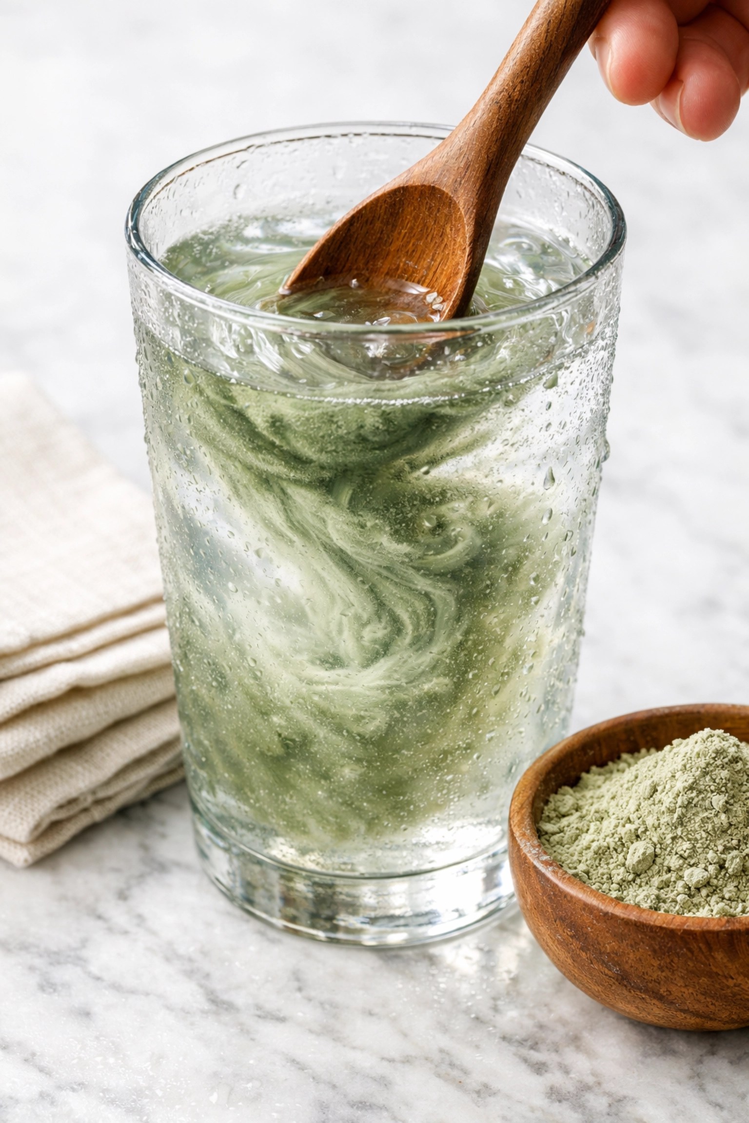 Preparing a green clay detox drink by stirring mineral powder into water with a safe wooden spoon.