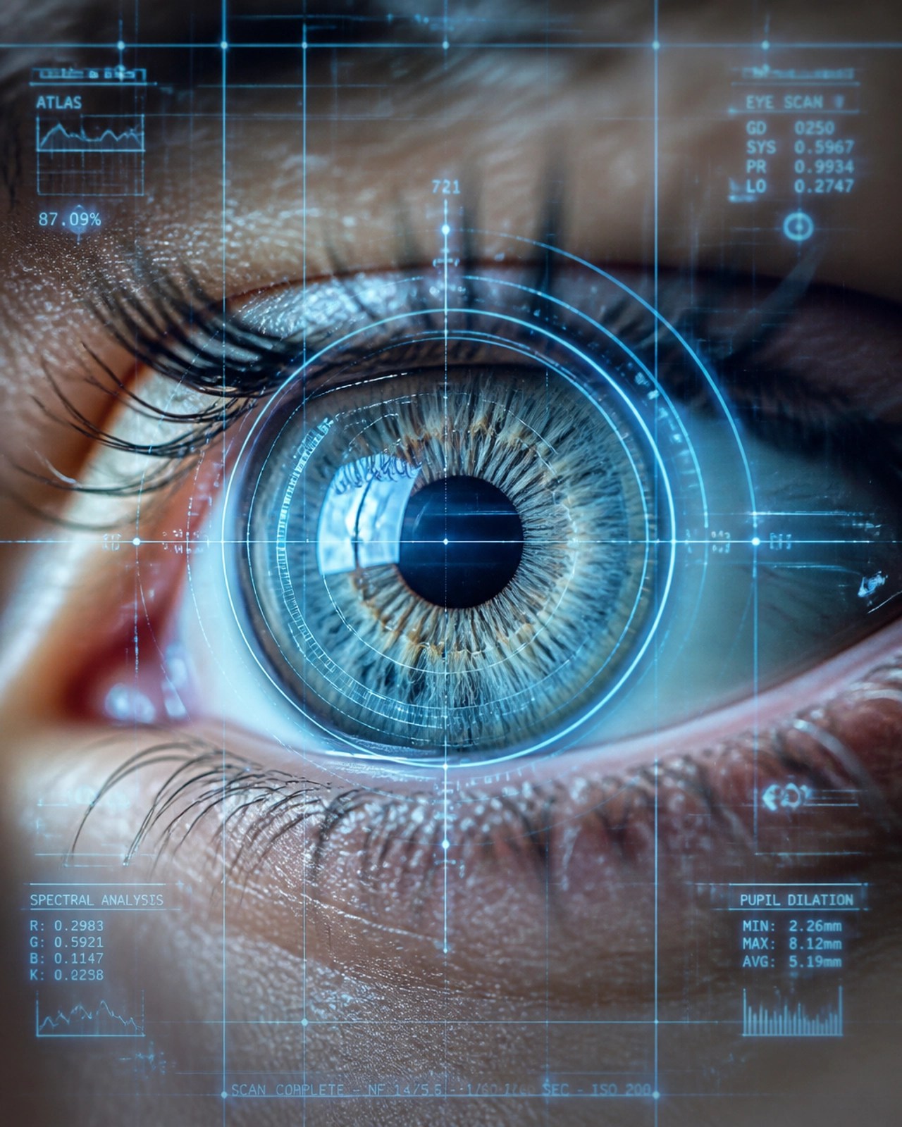 Macro shot of a human eye with a digital holographic overlay