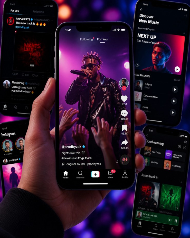 A hand holding a smartphone showing a viral music video with high engagement metrics