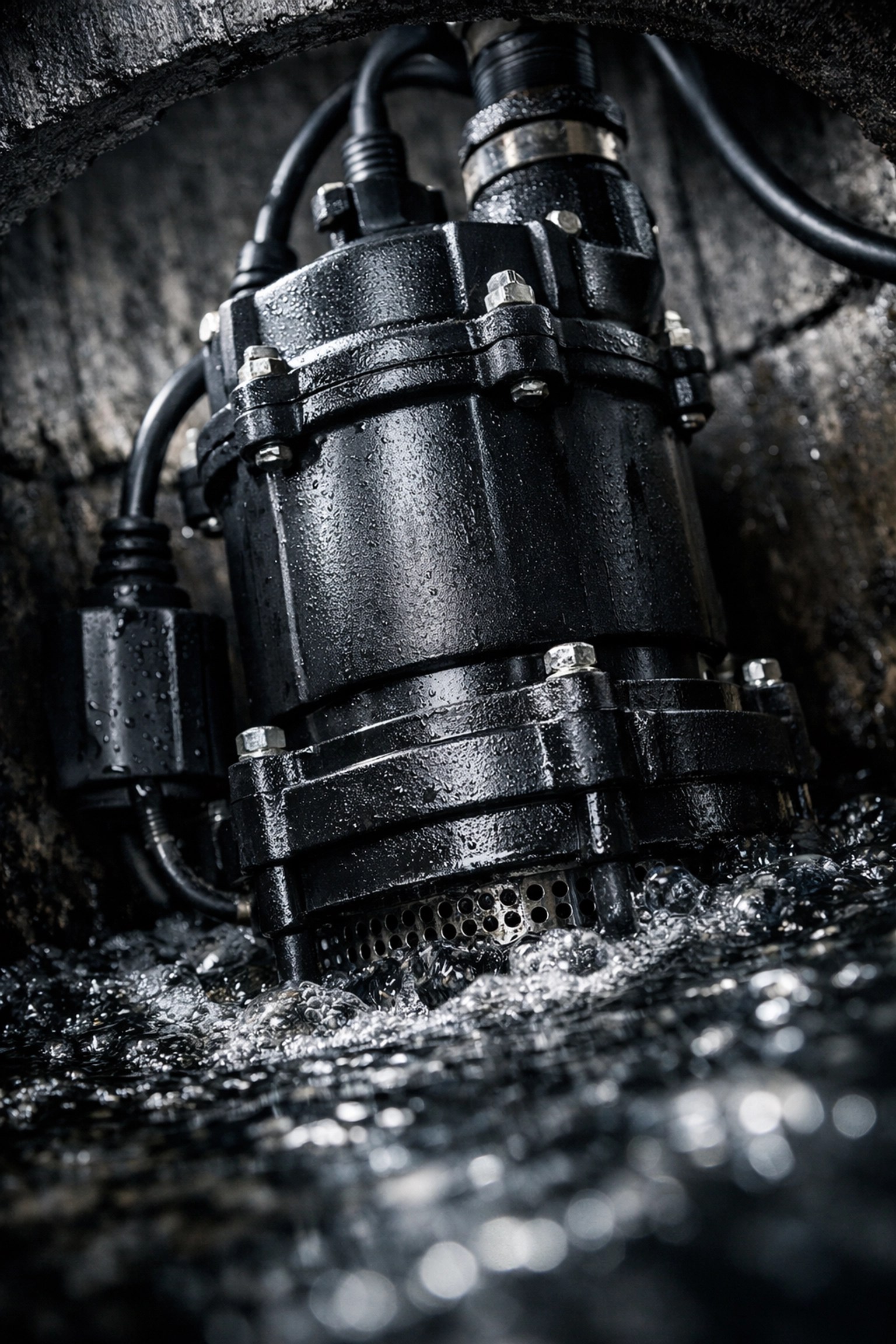 Close-up of noisy sump pump in basin, a sign you may need sump pump replacement soon