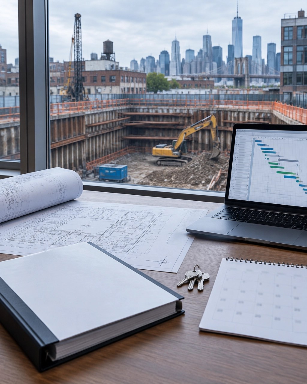 New York brownfield redevelopment closing table with a site plan, environmental report, property keys, and a project schedule beside an active excavation site