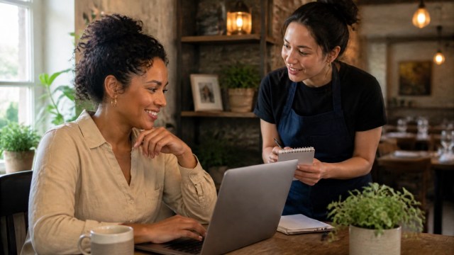 Restaurant owner reviewing customer feedback with a team member