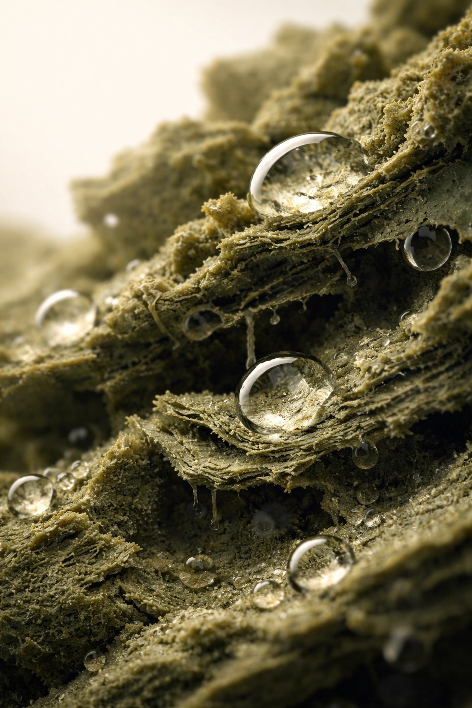 Extreme close-up of green clay's porous texture with water droplets, showing how clay adsorbs contaminants for purification