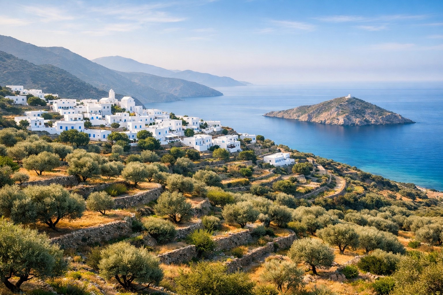 Sifnos island Cycladic village with olive groves and azure bay Mediterranean view