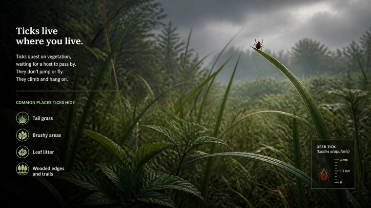 An illustration of tall green grass and brush, a common hiding spot for ticks waiting for a host.