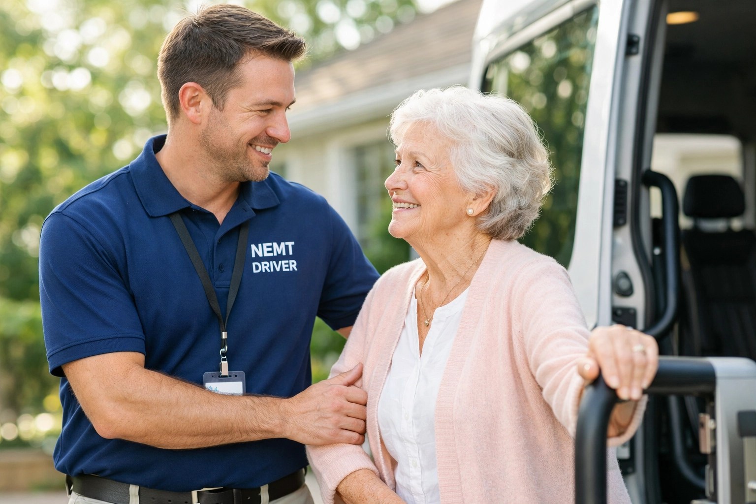 A professional NEMT driver assisting an elderly woman into a transport vehicle for a medical appointment.