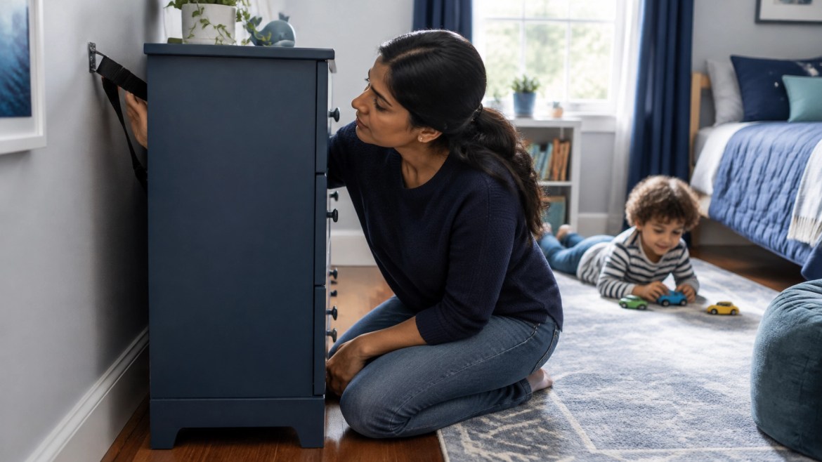 Pinterest pin: Anchor the dresser and move the TV, with a room-by-room tip-over safety check