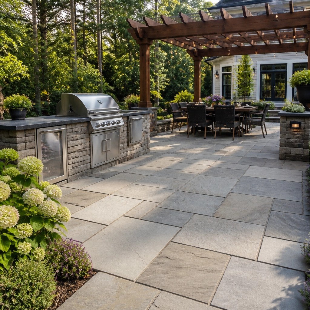 A modern, high-quality flagstone patio in a lush backyard with an outdoor kitchen and dining area.