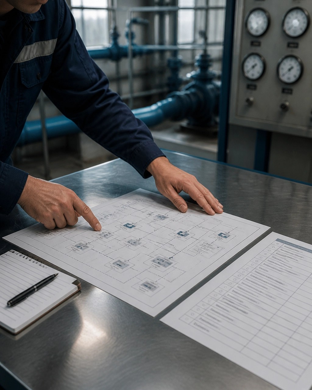 Utility professionals reviewing wastewater cybersecurity compliance documents and an incident-response flow diagram
