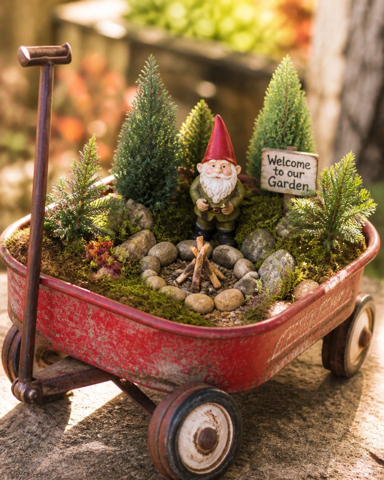 Whimsical gnome garden in a red wagon