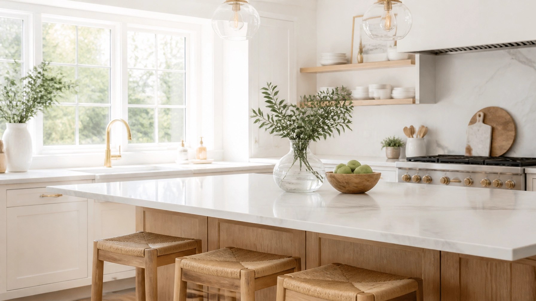 A high-key, sun-drenched modern kitchen with white cabinetry, marble countertops, and light wood accents. The space is exceptionally clean and organized. A large window lets in soft, natural light.
