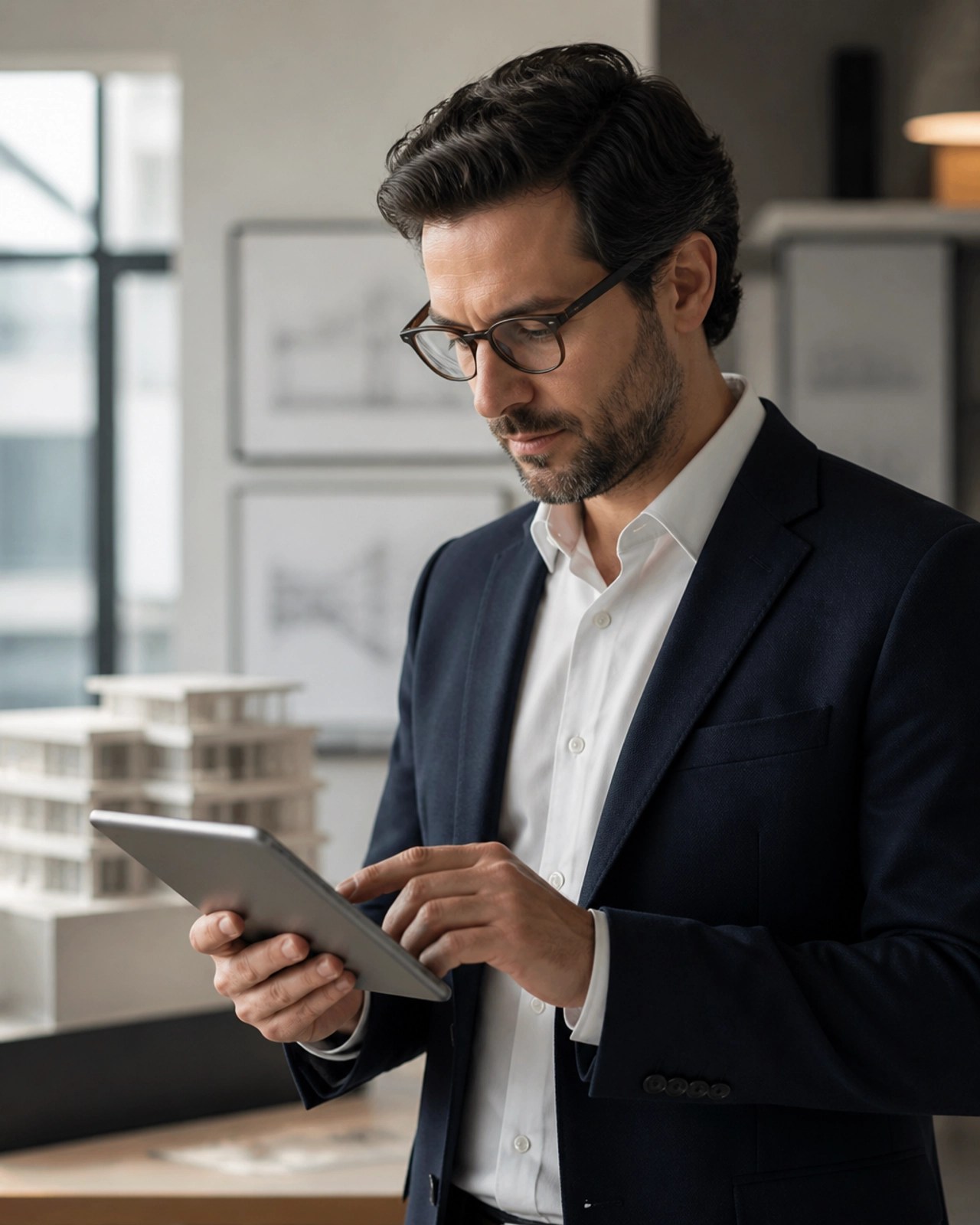 Professional tech architect in a focused pose reviewing digital project management metrics on a tablet