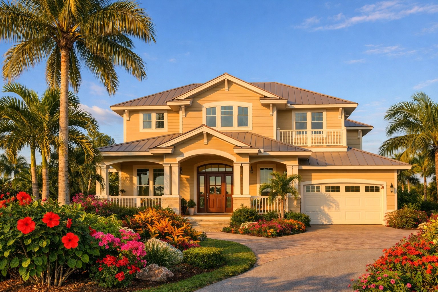 Palm City home exterior painted in warm sandy beige with tropical landscaping