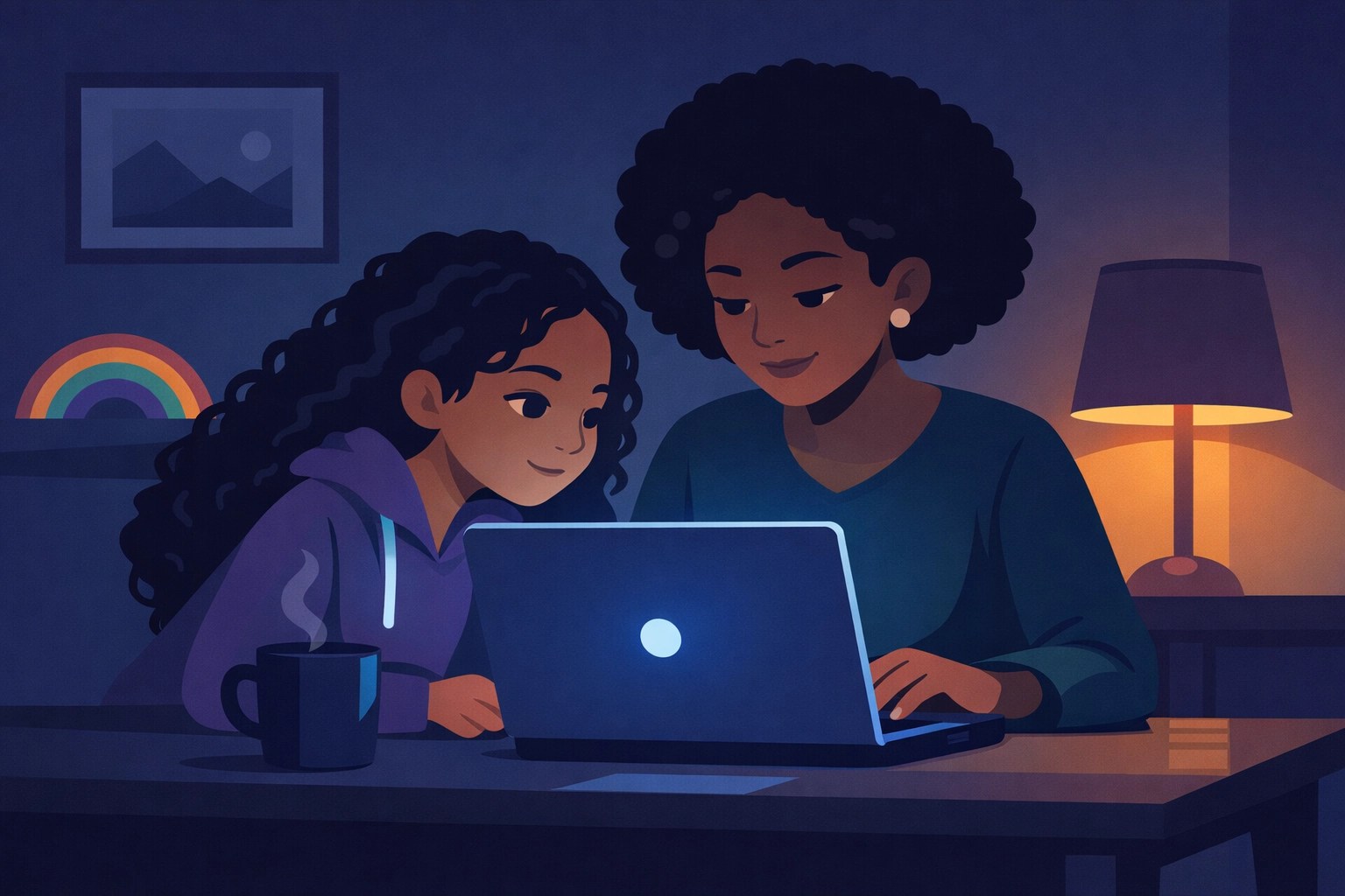 Founder working late at night with laptop glow while daughter Isabel leans in beside her