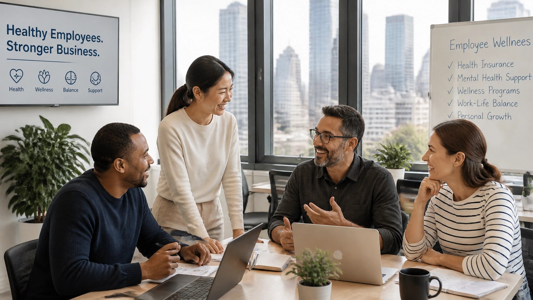Small business team in New York collaborating happily in a modern office environment