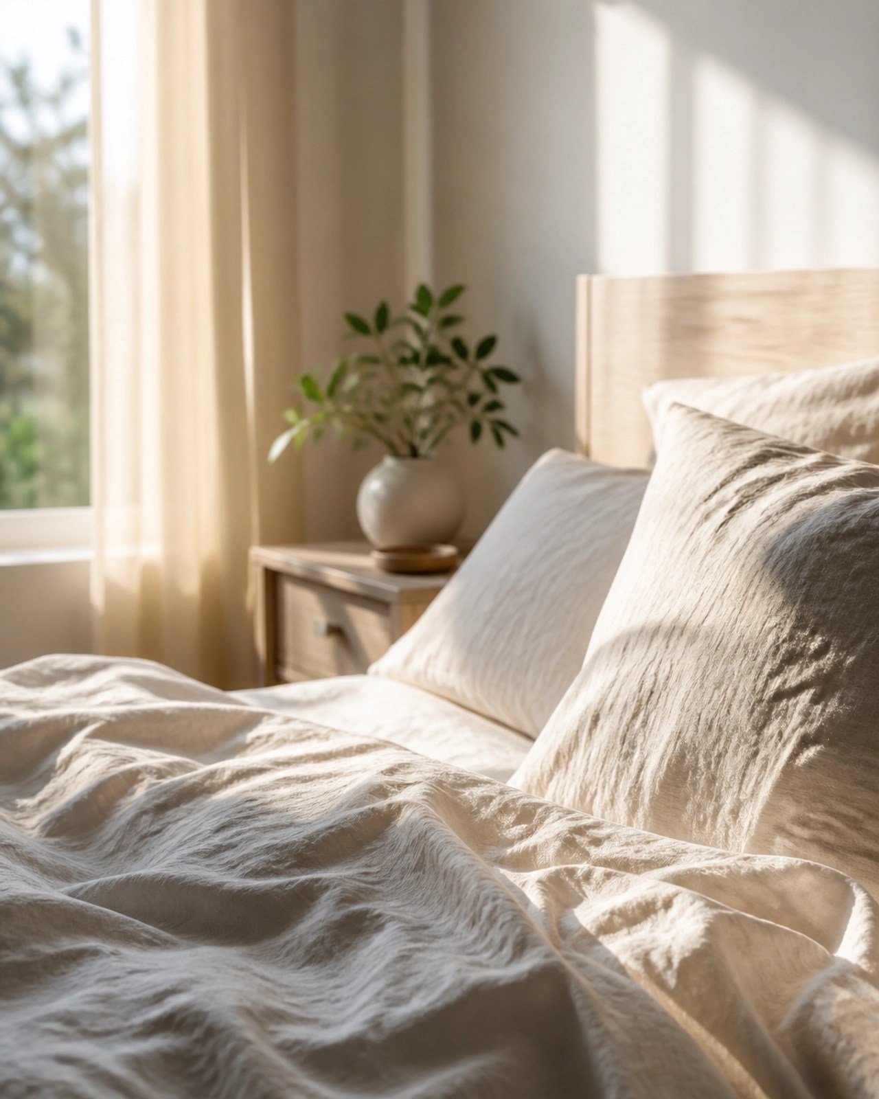 A peaceful, sun-dappled bedroom with soft linen bedding