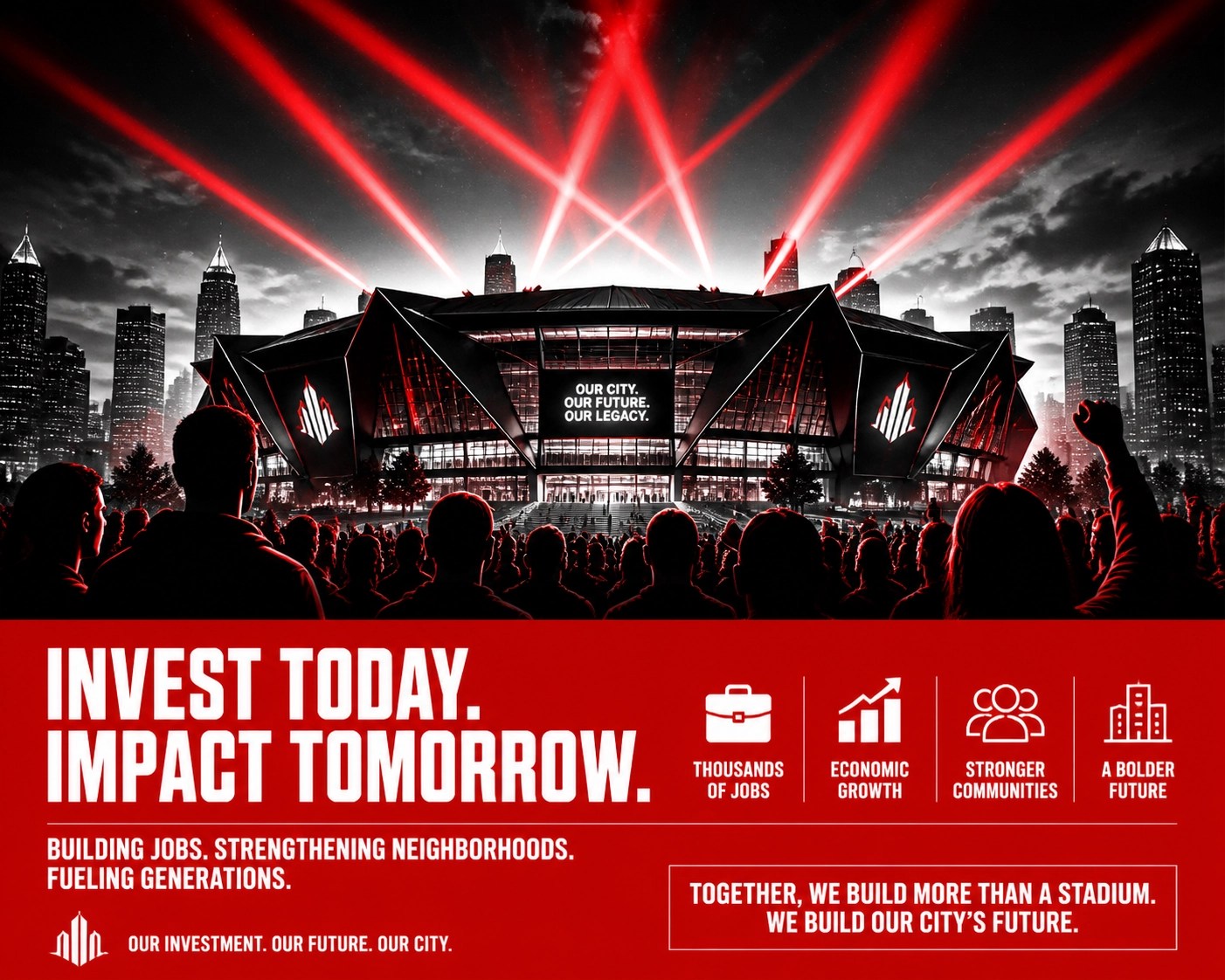 A dark stadium silhouette with red spotlights showing the economic growth and sports entertainment future in LA.