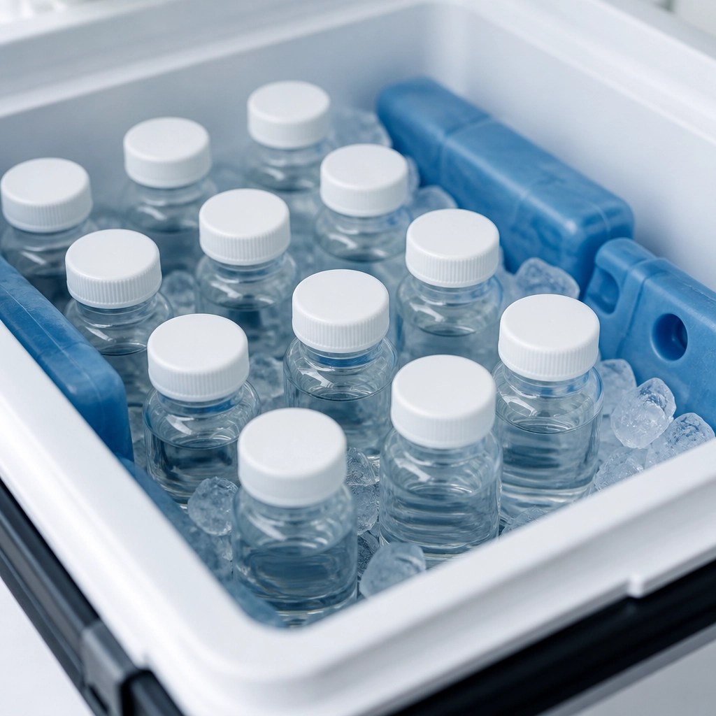 Macro view of specialized environmental sample vials in a lab-ready cooler