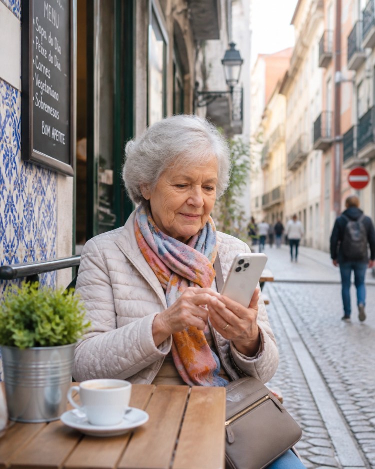 A tech-savvy senior using a smartphone in a cafe