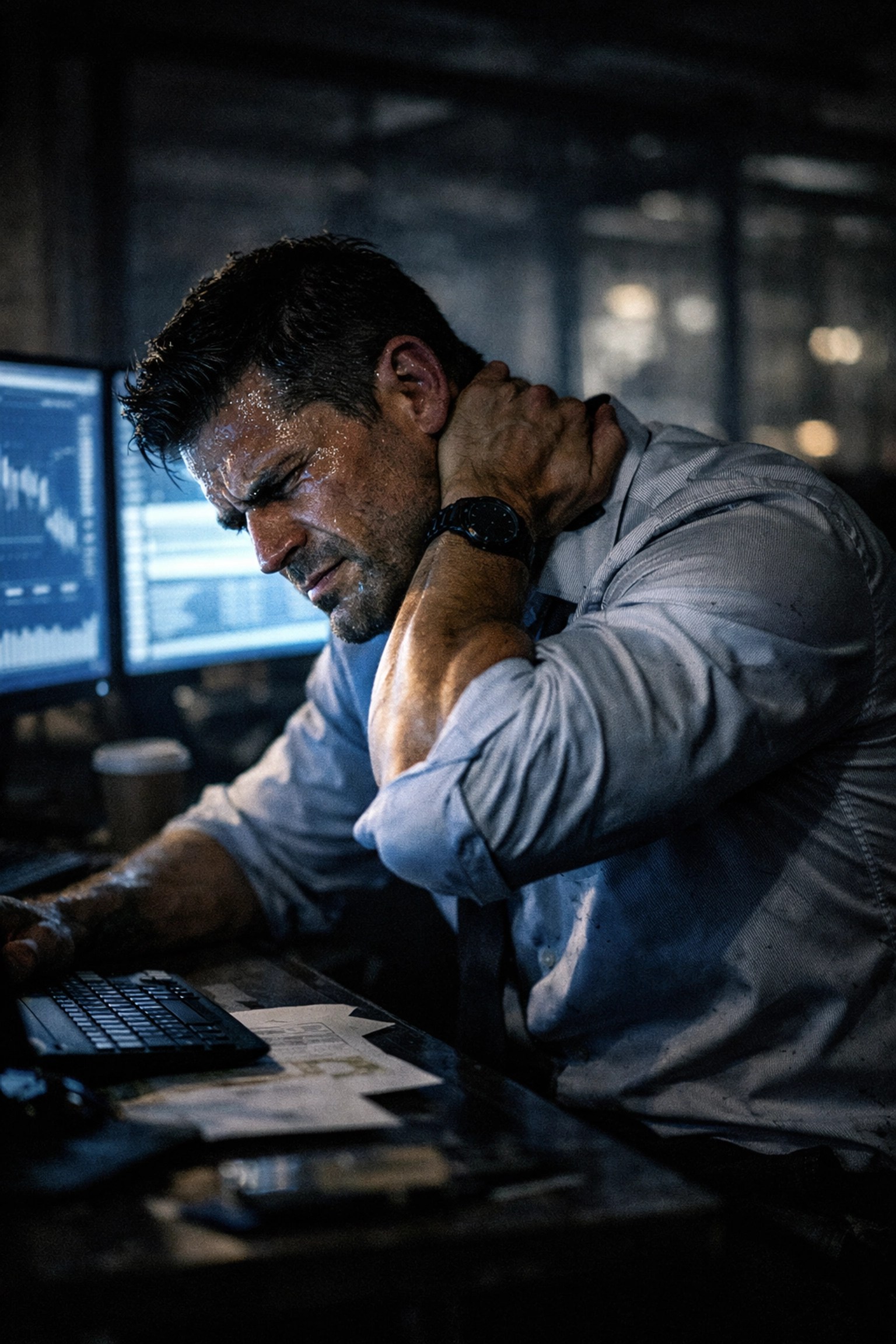Man experiencing neck pain and physical strain from non-stop brain work at a computer.
