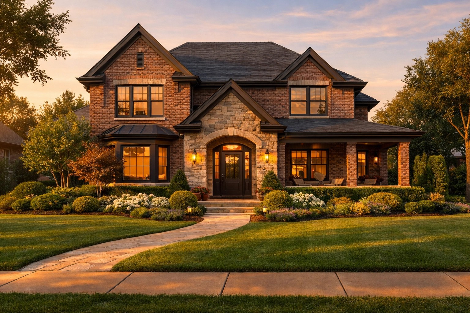 A well-maintained contemporary brick home in Huber Heights at sunset, highlighting local real estate value.