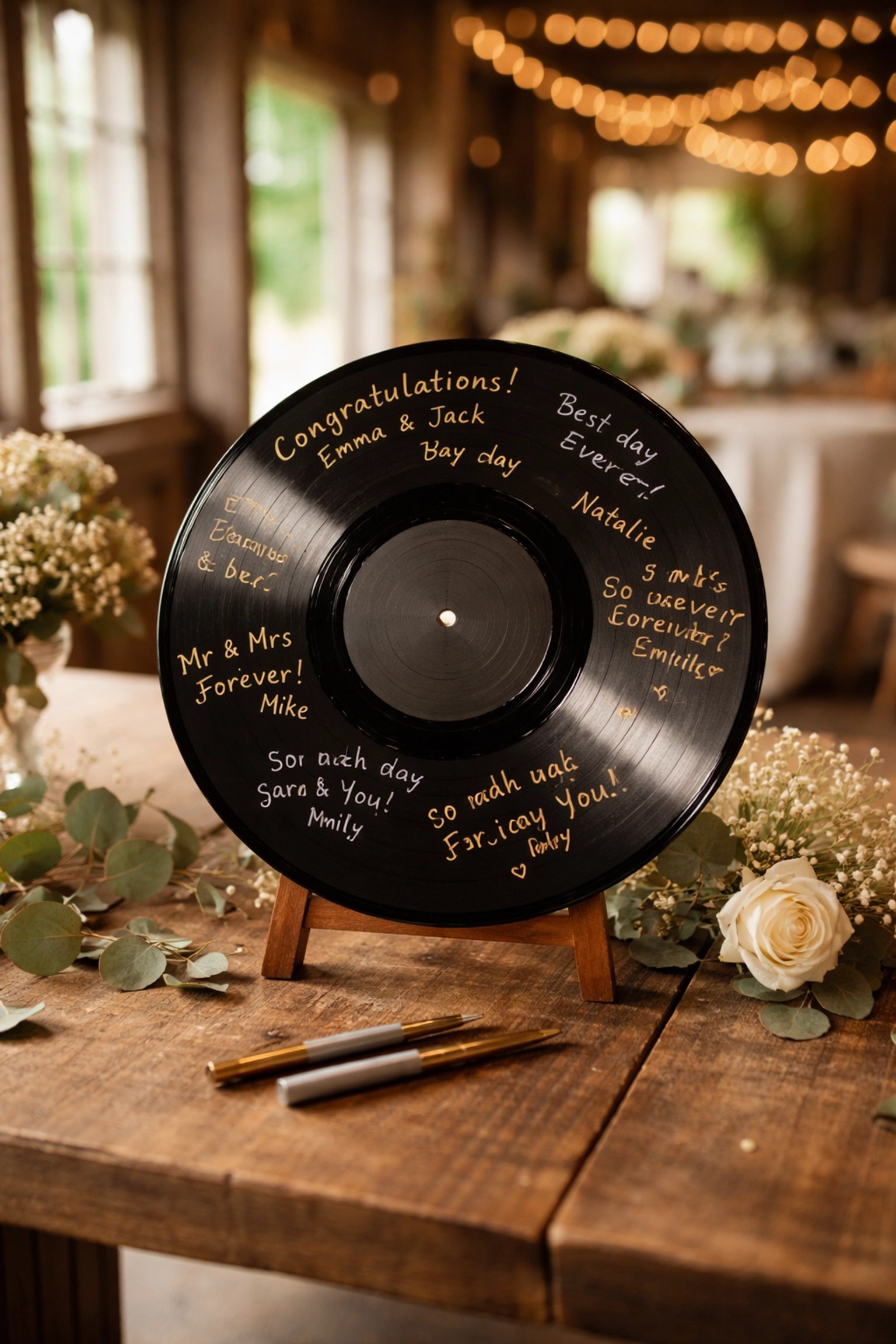 Personalised vinyl record guest book alternative with handwritten messages at a Kent wedding