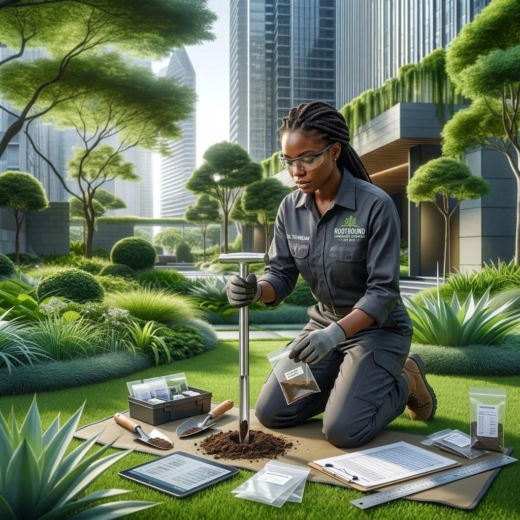 Professional soil testing on a residential lawn