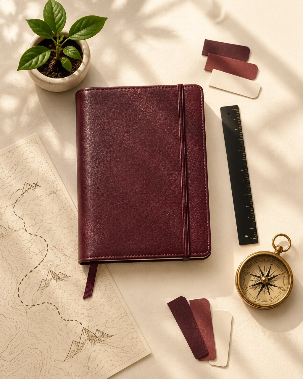 Burgundy leather planner, compass, paper tabs, and seedling arranged as an intentional route map for a faith-led planning season