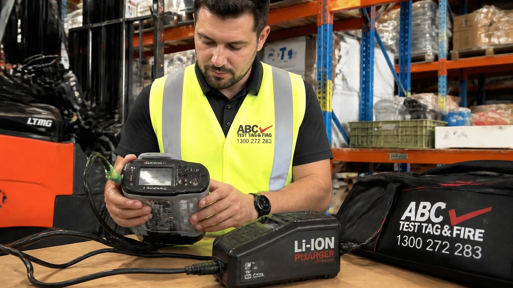A technician from ABC Test Tag & Fire checking a lithium-ion battery charger in a warehouse.