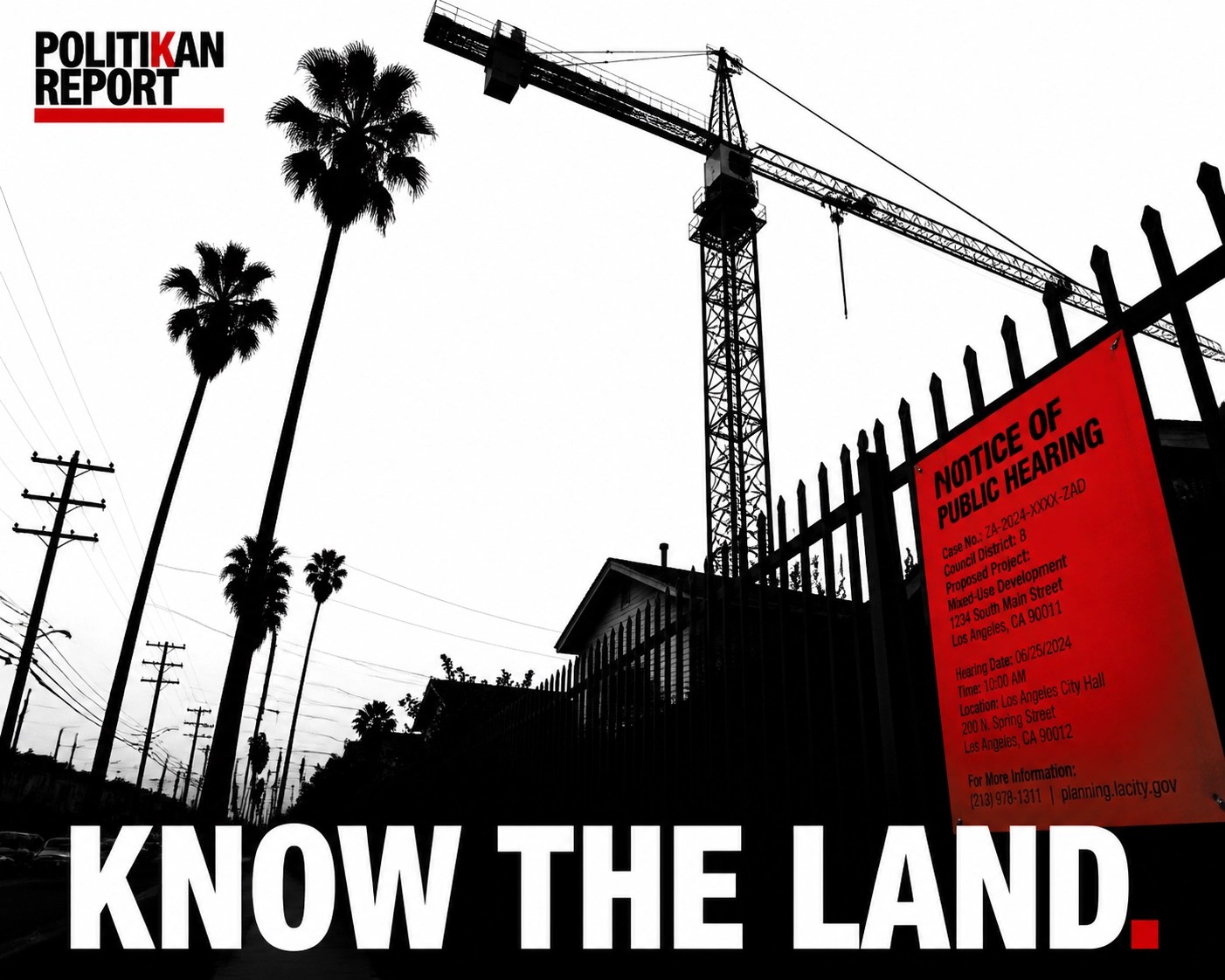 Silhouette of a crane over a South Los Angeles street, signifying local housing and urban policy news.
