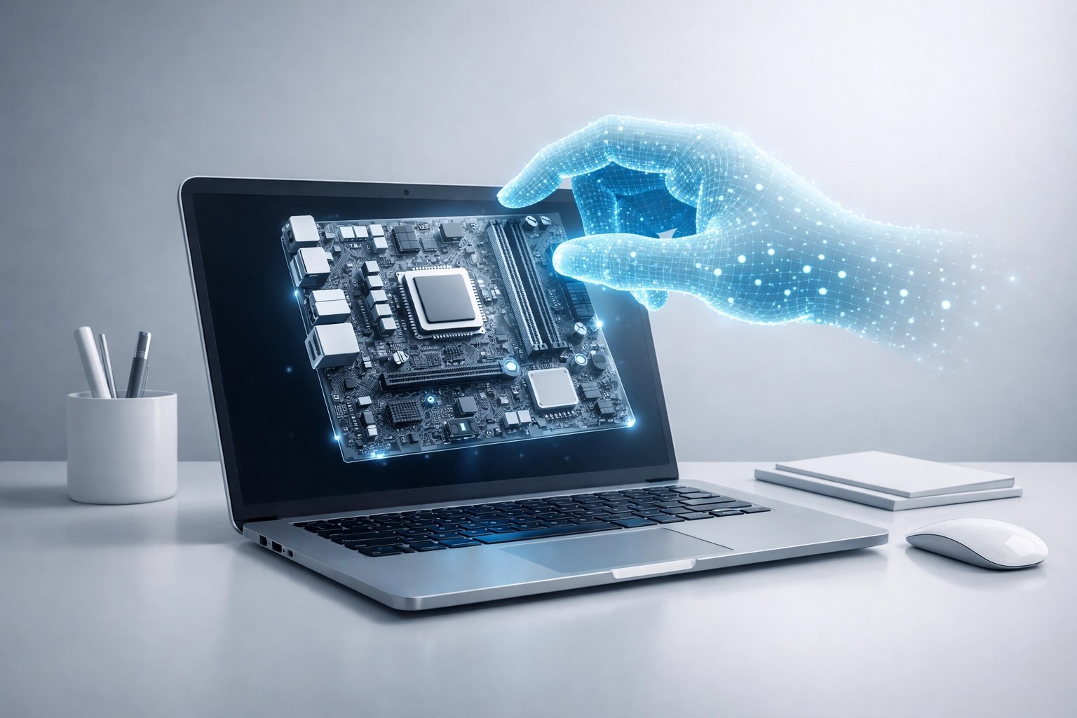 Digital illustration of remote IT support troubleshooting a computer setup for business efficiency.