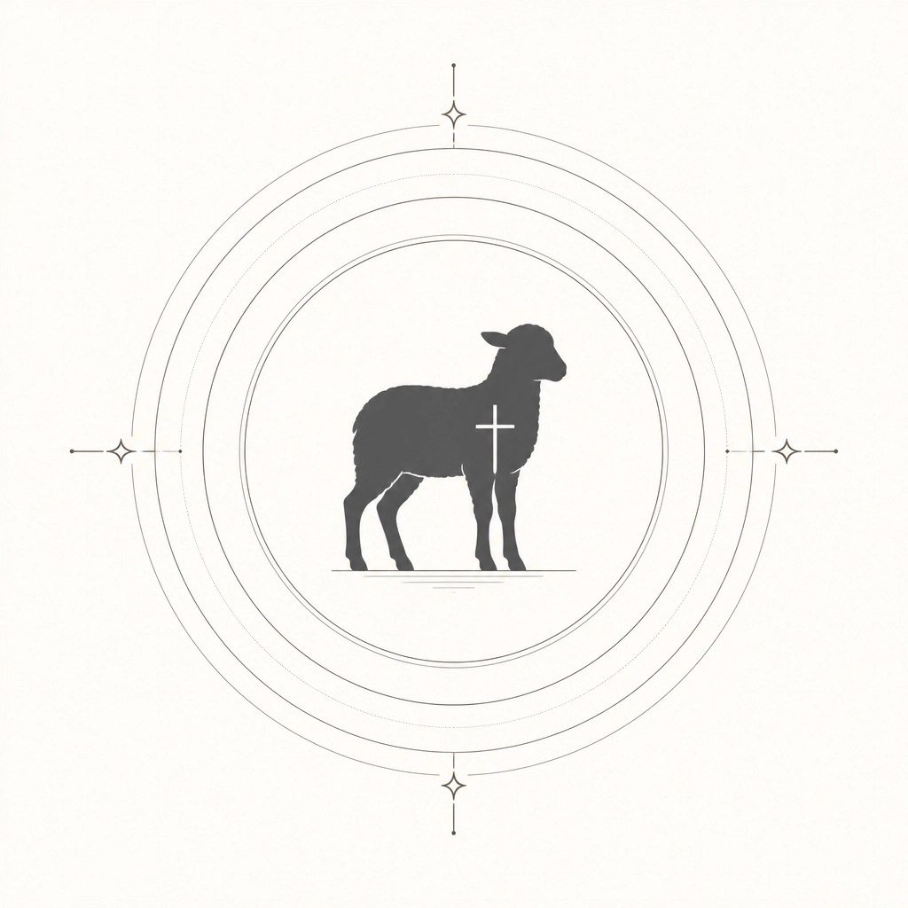 A minimalistic depiction of the Lamb of God standing in the center of concentric circles representing the heavenly throne room.