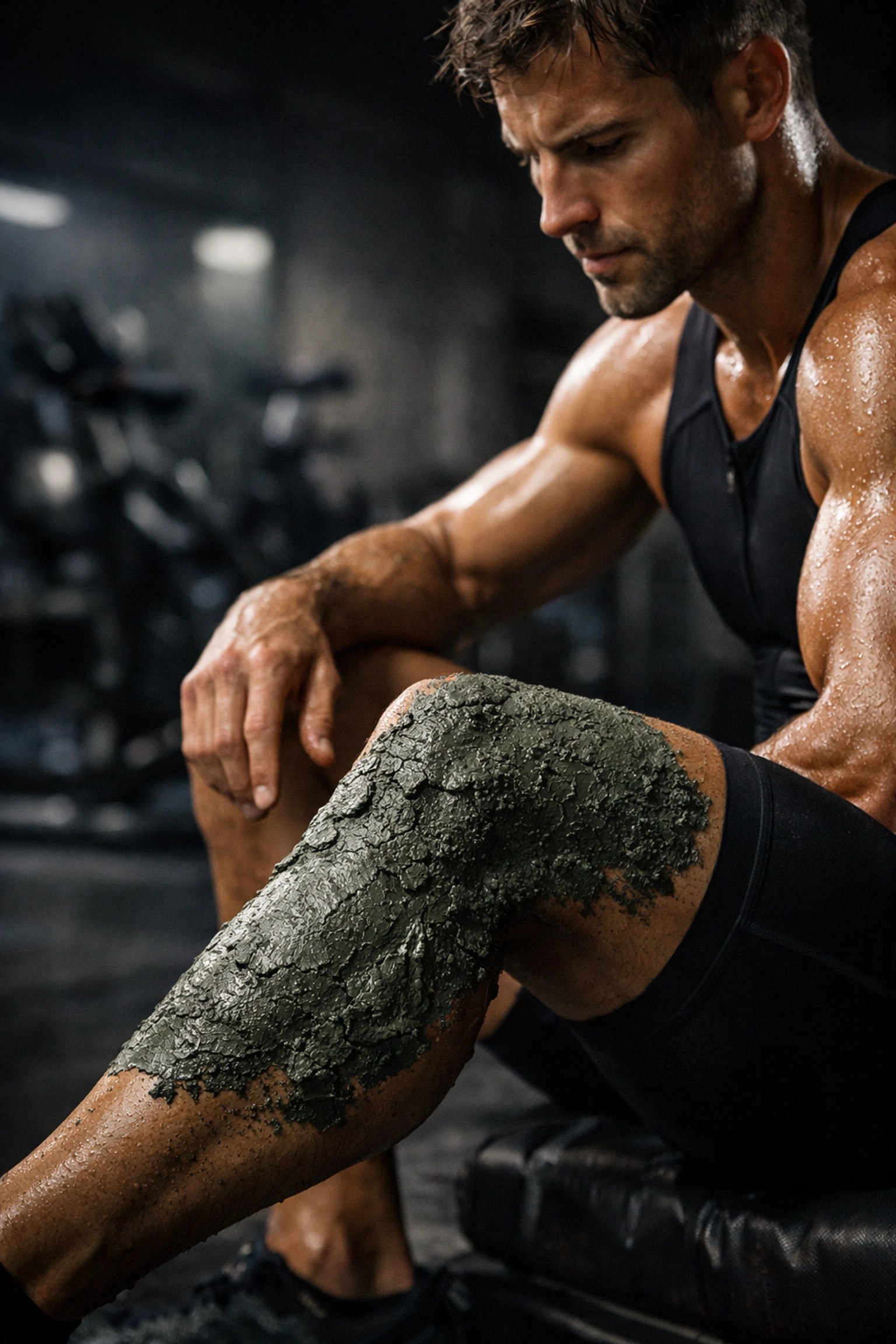 Athlete using green healing clay for muscle recovery in a professional training facility.