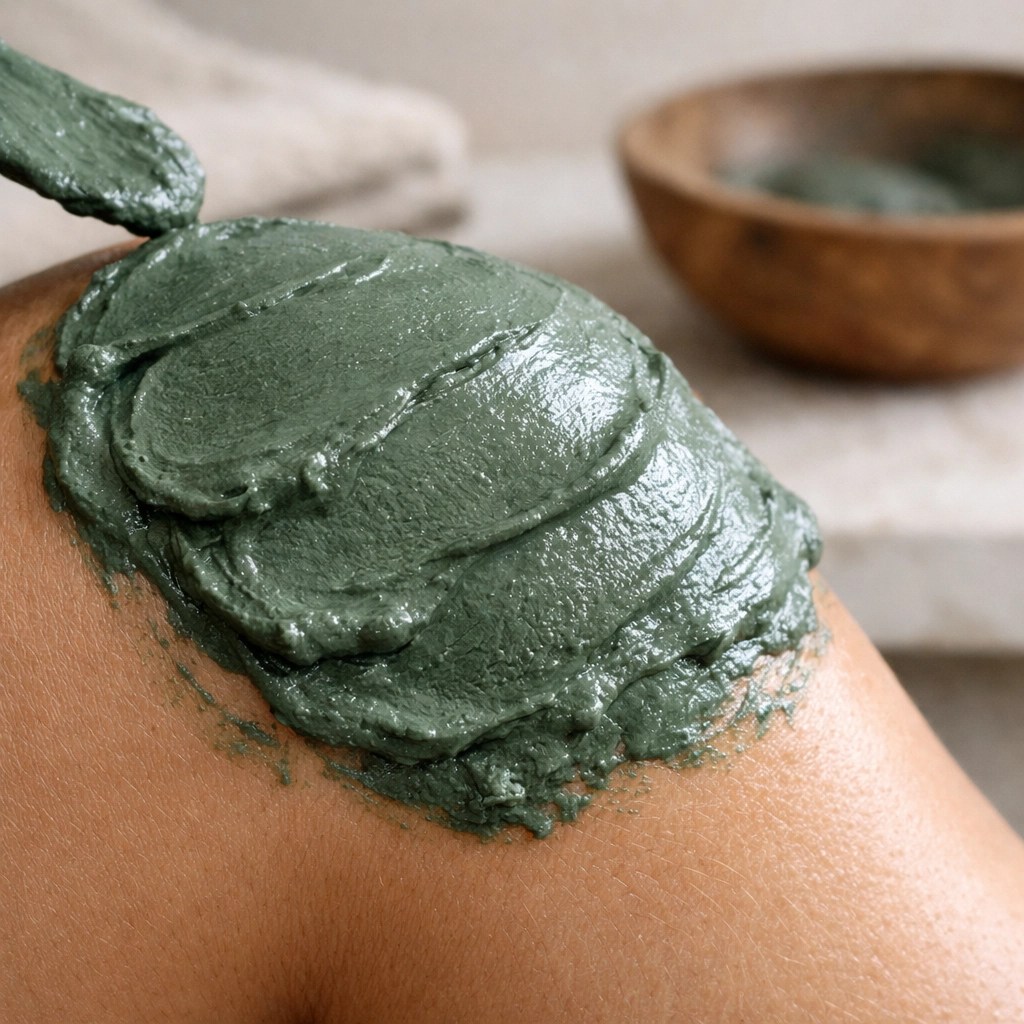 French green clay paste applied to a knee for natural inflammation reduction and muscle pain relief.