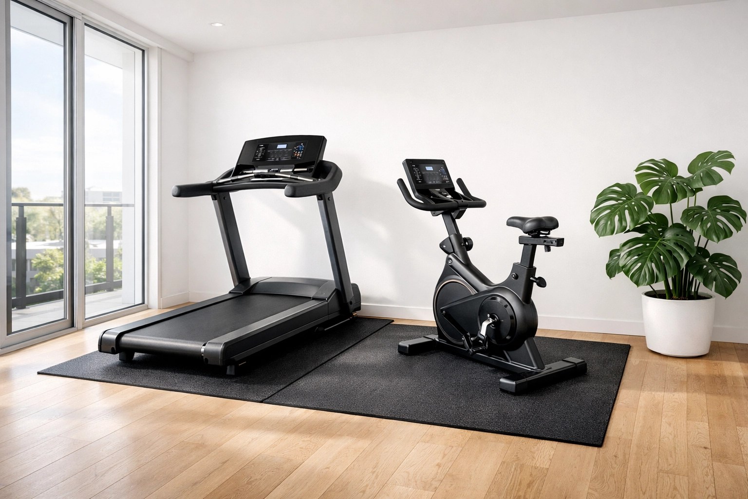 Modern home gym setup in a Melbourne house with hired treadmill and exercise bike for fitness equipment hire.