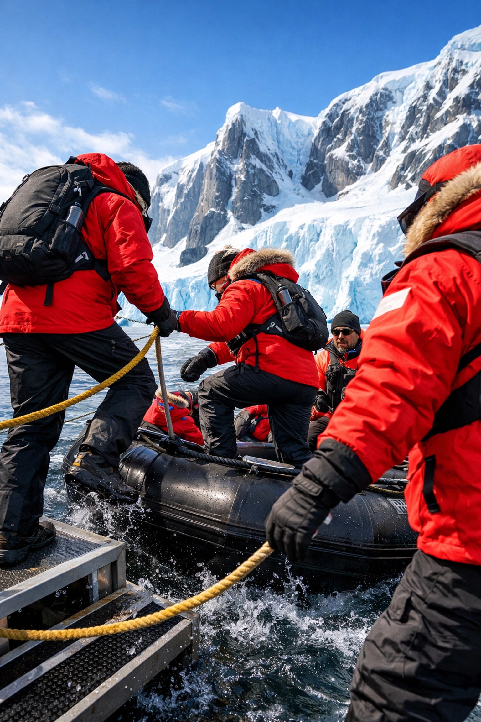 Travelers boarding Zodiac boat for Antarctic expedition cruise landing