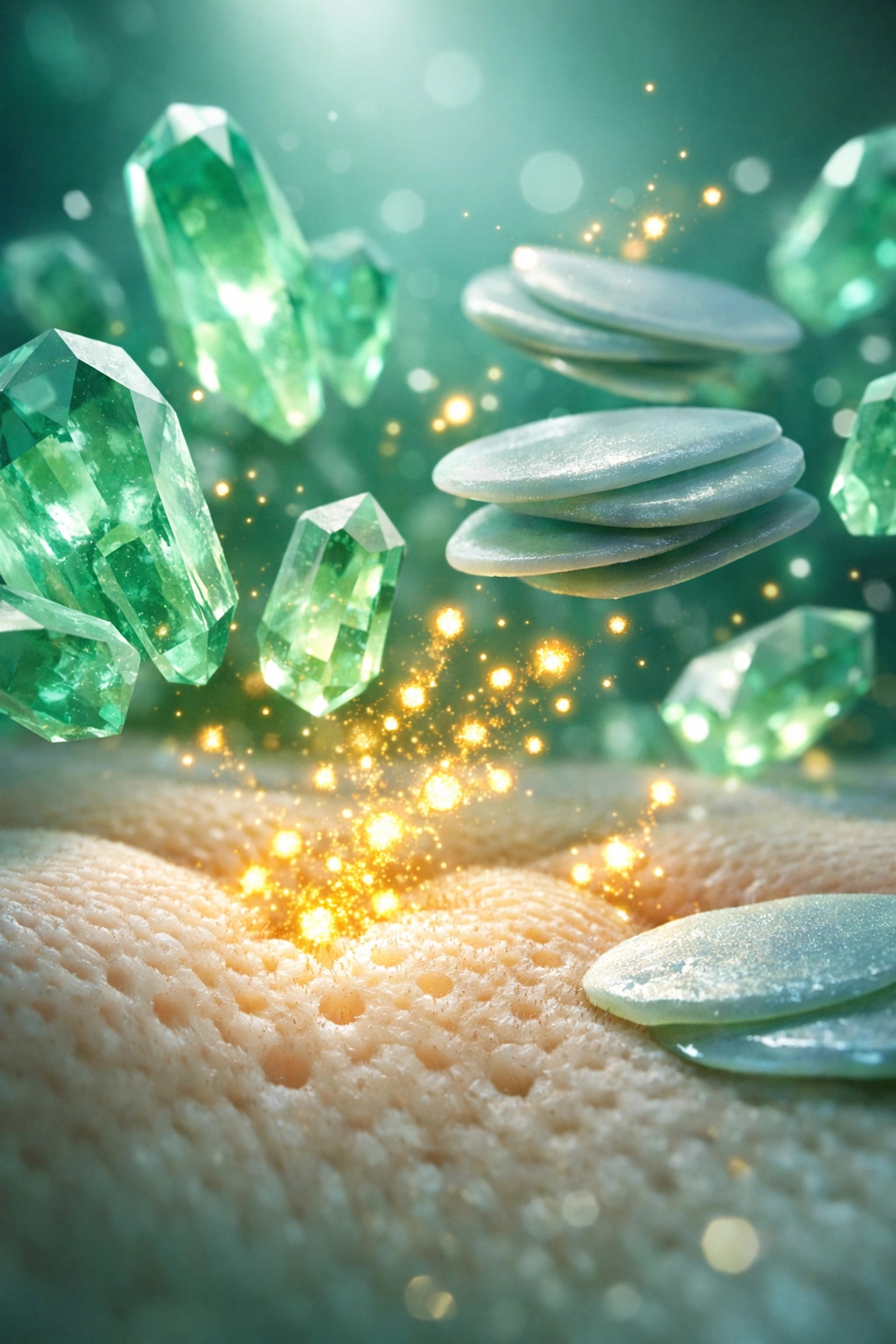 Microscopic green clay minerals and crystals interacting with skin to support natural regeneration.