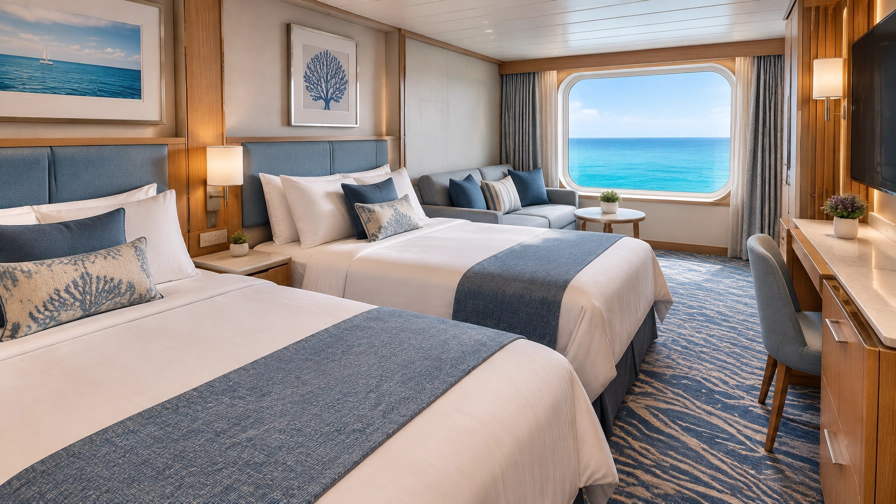 Bright, comfortable cruise cabin with two beds, convertible sofa, modern nautical design, and ocean view