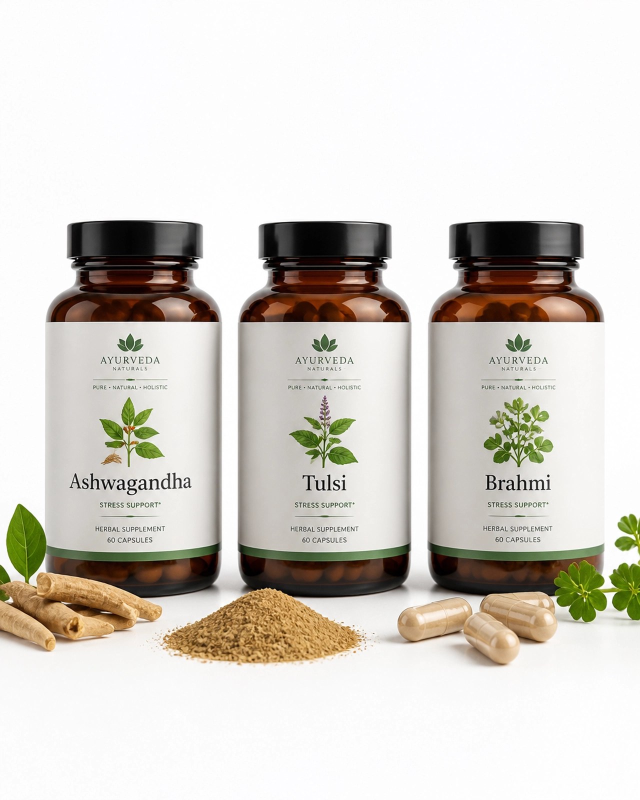Suplementos de Ashwagandha, Tulsi y Brahmi en presentación profesional