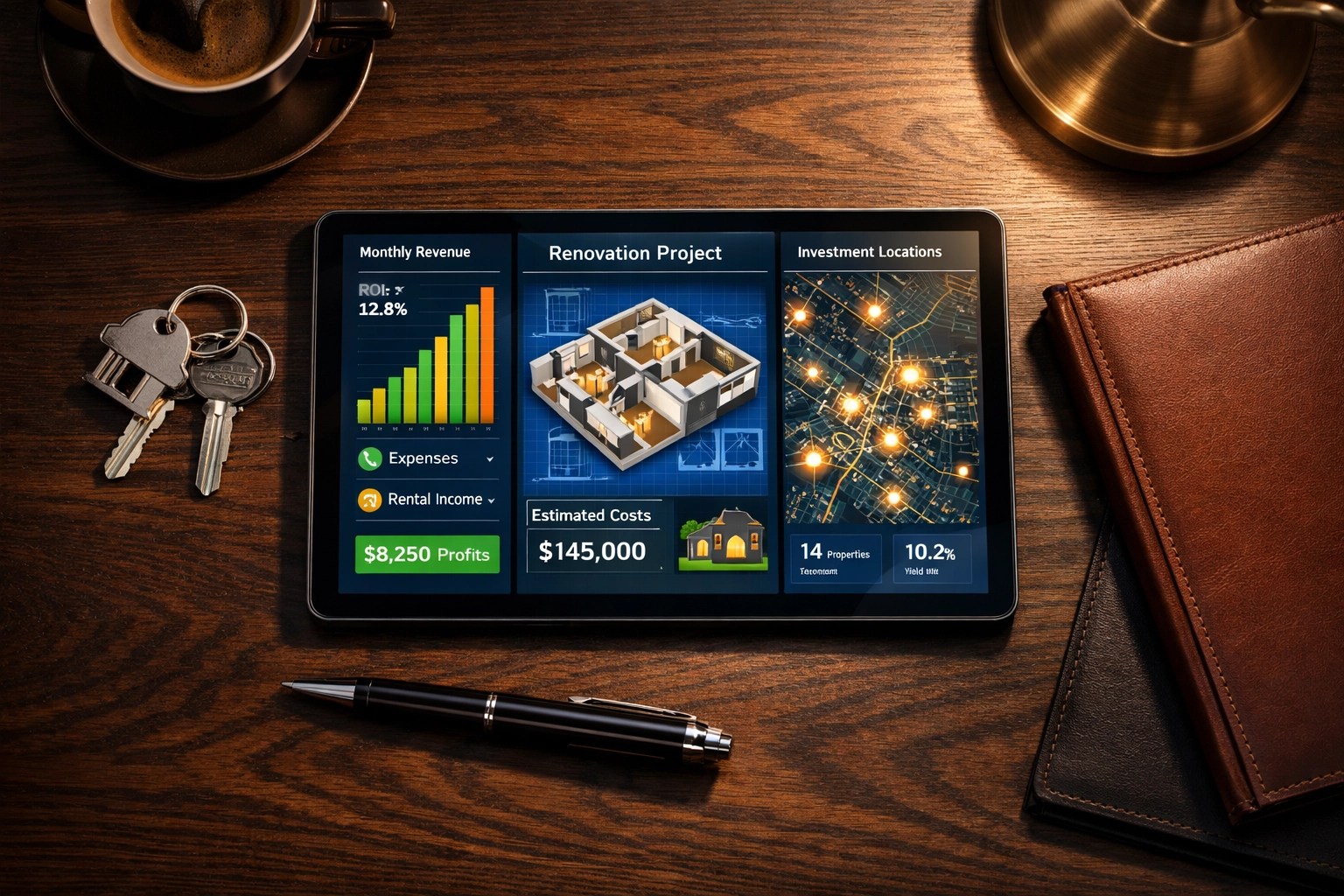 Modern real estate investor workspace with financial deal analysis and property funding packages.