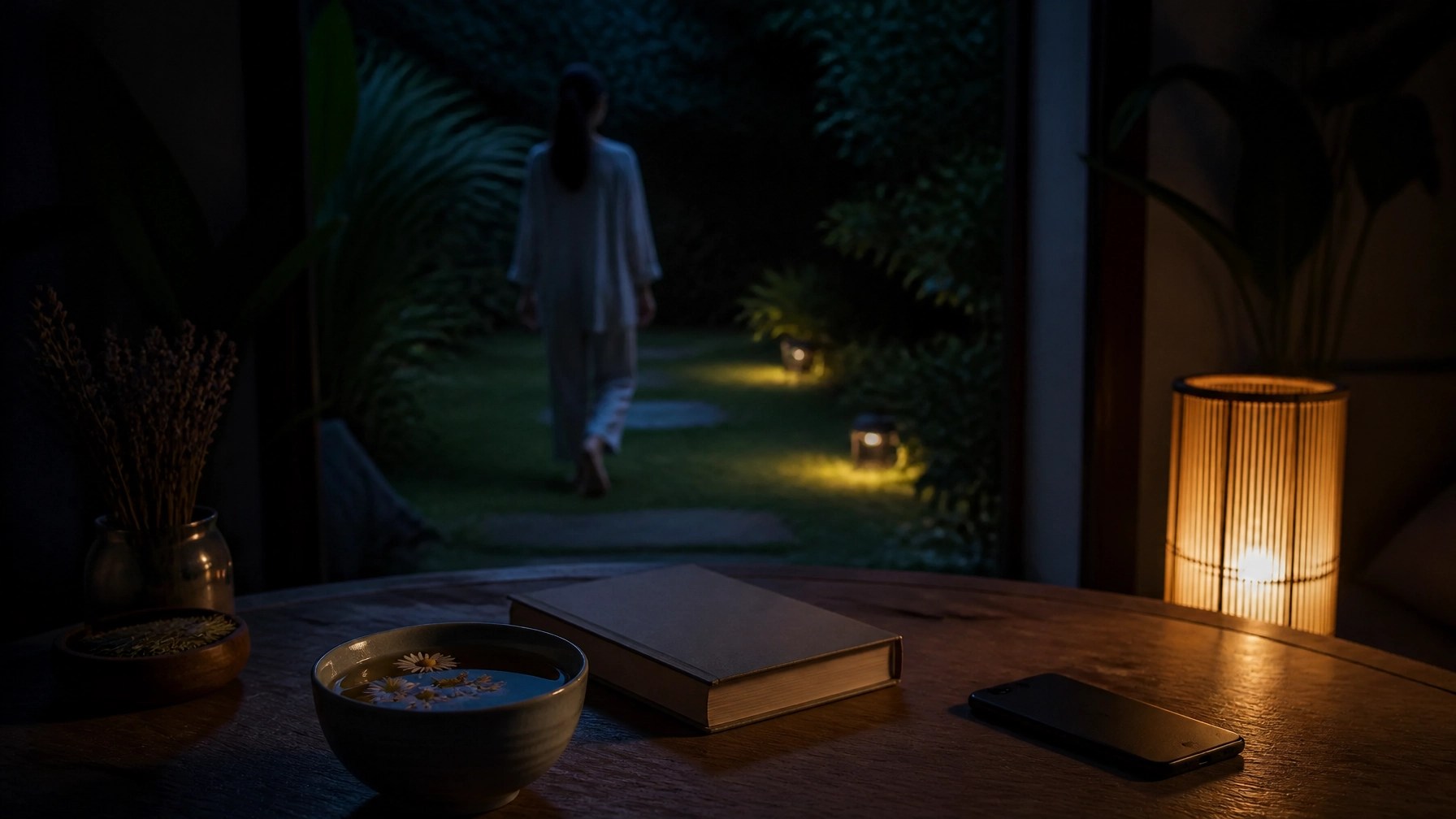 Rutina nocturna serena con una infusión de hierbas, un libro y el teléfono apartado antes de dormir