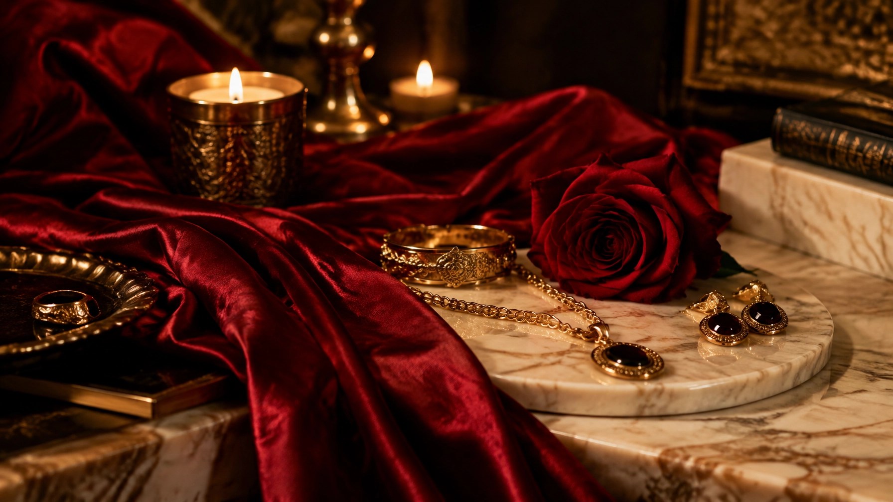 Crimson silk draped over marble with gold jewellery and a deep red rose, evoking feminine energy and manifesting love through luxury dating advice for women