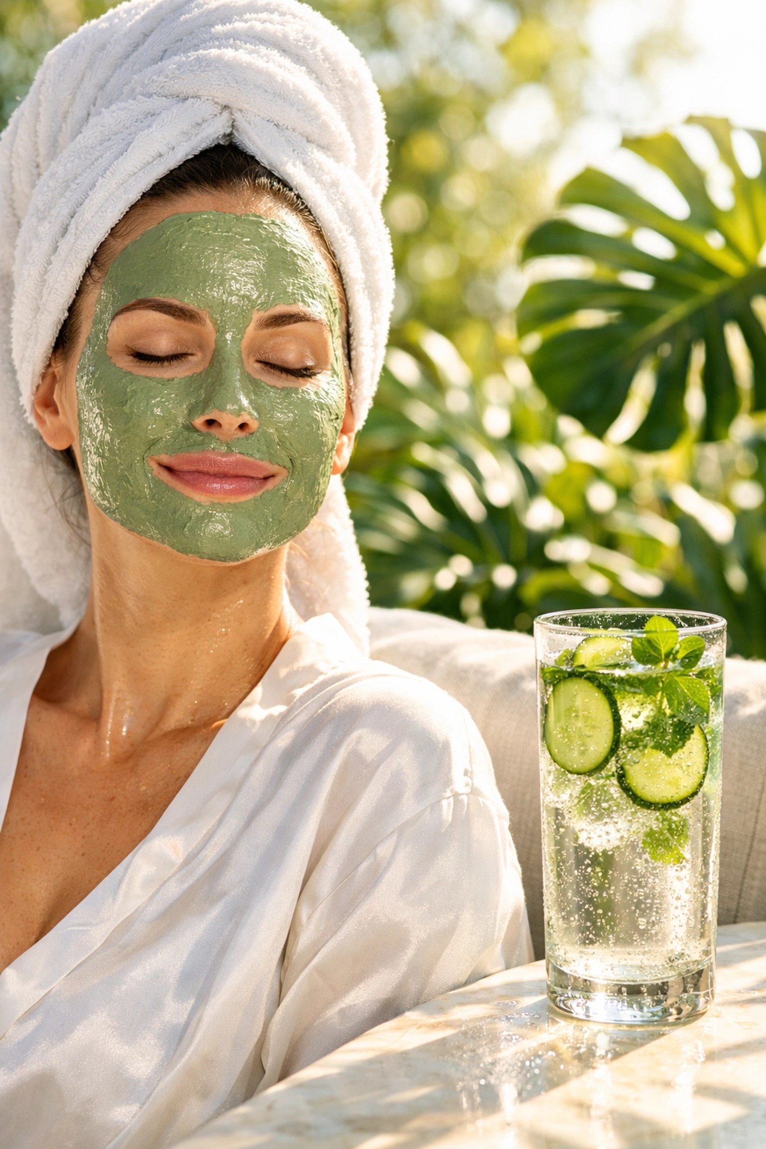 Refreshing summer skincare routine featuring a damp green clay mask to soothe skin after sun exposure.