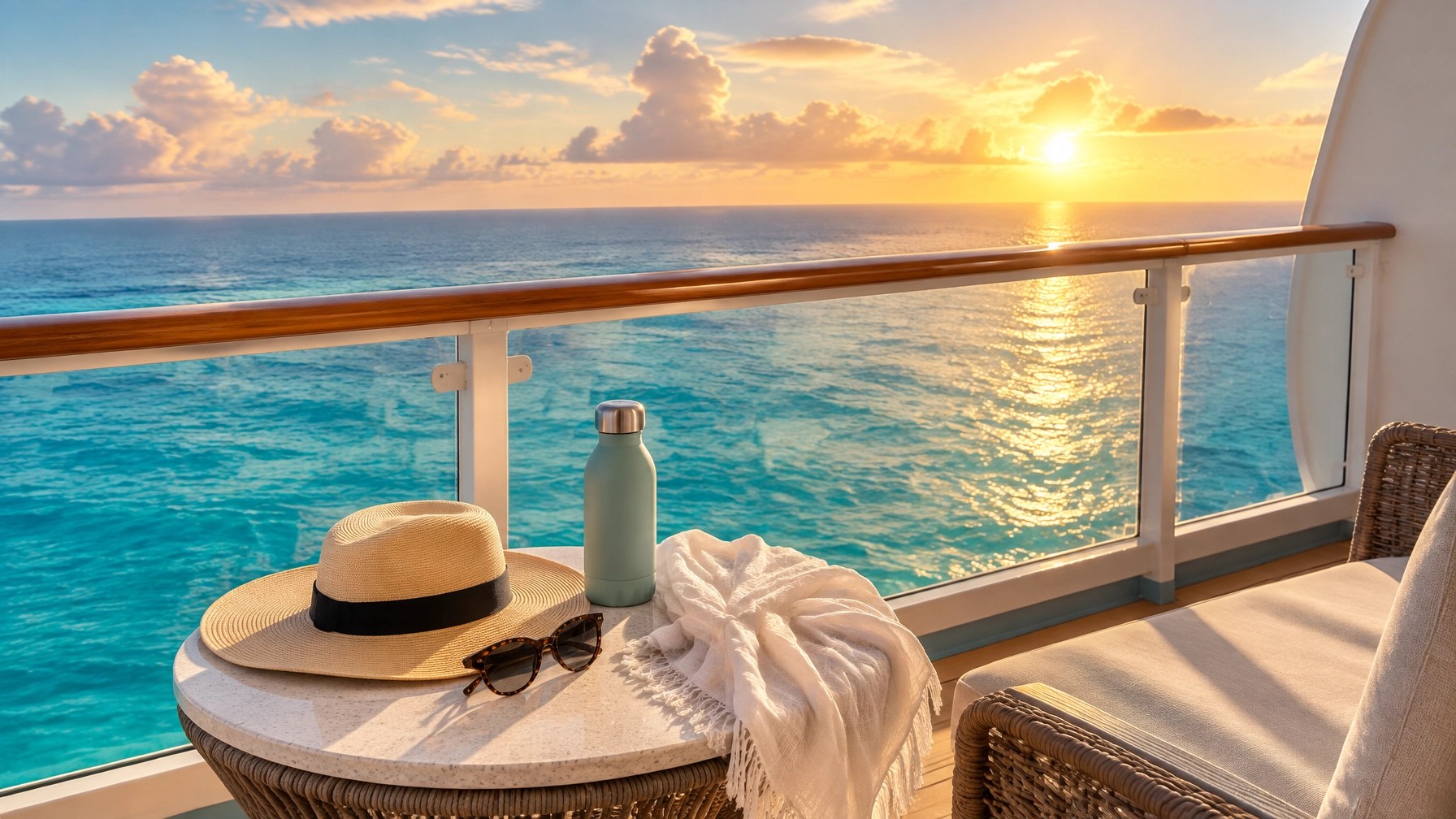 Warm Caribbean cruise balcony with cover-up, sun hat, and turquoise sea